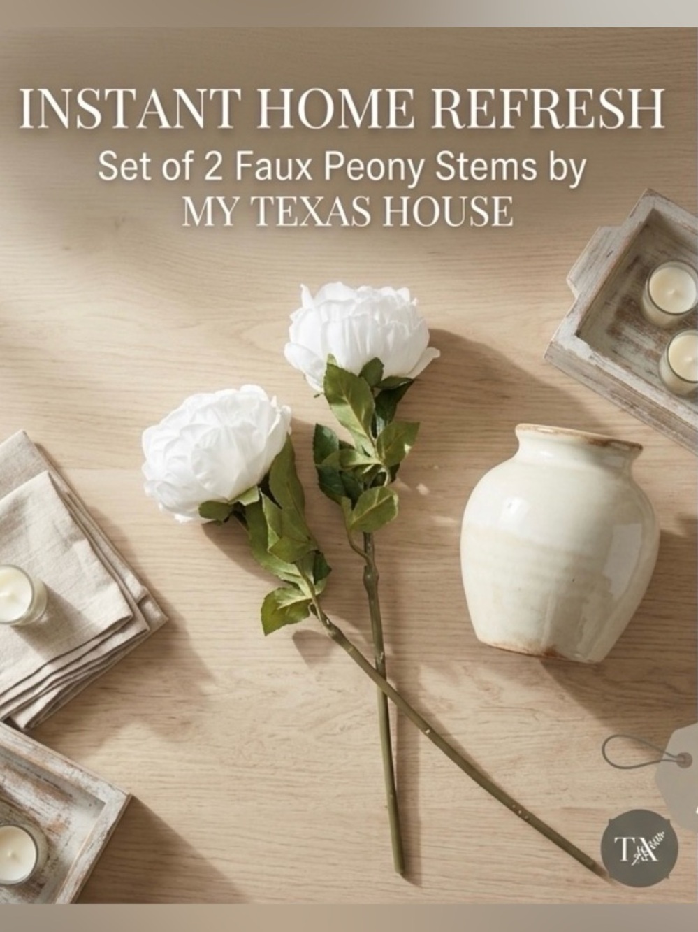 My Texas House White Faux Peony Stems - Set of 2